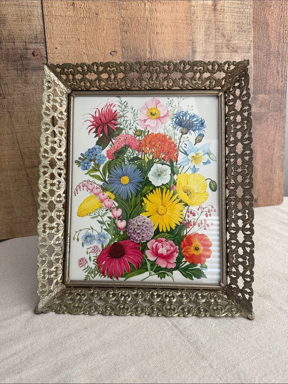 Vintage Brass Toned Filigree Frame with a Botanical Print